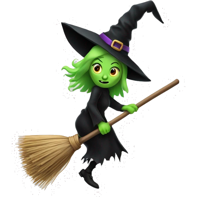 Scarry witch, flying to the left on only one broom. Transparent background emoji