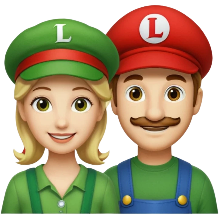 blonde female Luigi (with the Luigi green hat with an L on it) and a normal brown hair male Mario with the red hat. They are friends just smiling emoji