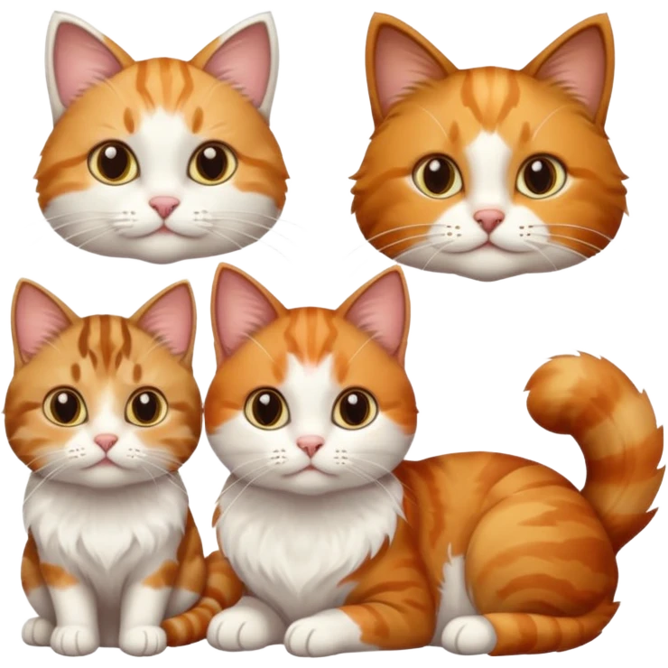 3 cats different colours including brown tabby and white, light patchy calico, and ginger and white emoji