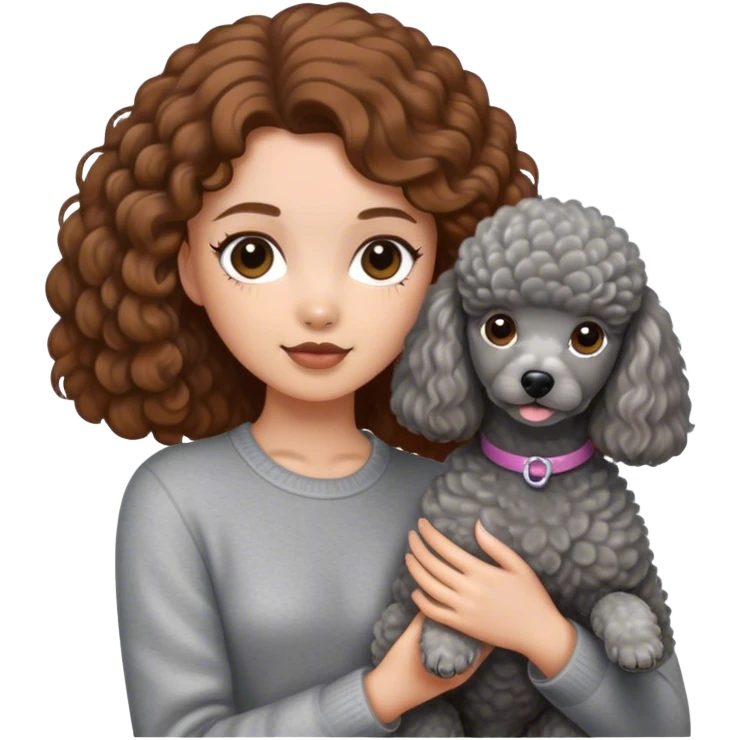 A girl with caramel brown hair holding a grey poodle emoji