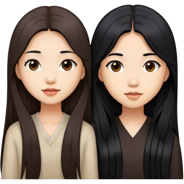 two asian girls yapping long brown hair and long black hair emoji