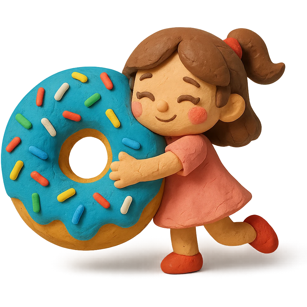 claymation style chibi girl hugging giant donut with sprinkles emoji