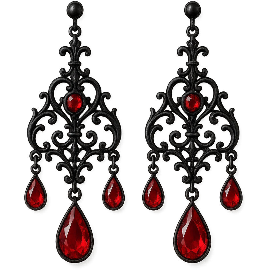 goth earrings, black chandelier with red gems, dramatic gothic style, elegant, detailed emoji