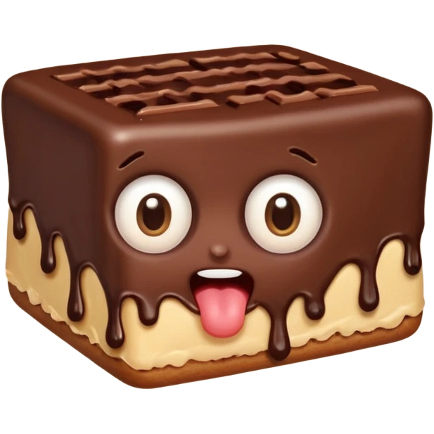 Funny cartoon rectangular chocolate mini pastry, slightly messy and squished, chocolate dripping, big round eyes, wide open mouth, playful surprised expression, text above: "ПАСТИЧКА", chibi style, Twitch emoji style, transparent background, colorful
``


 emoji