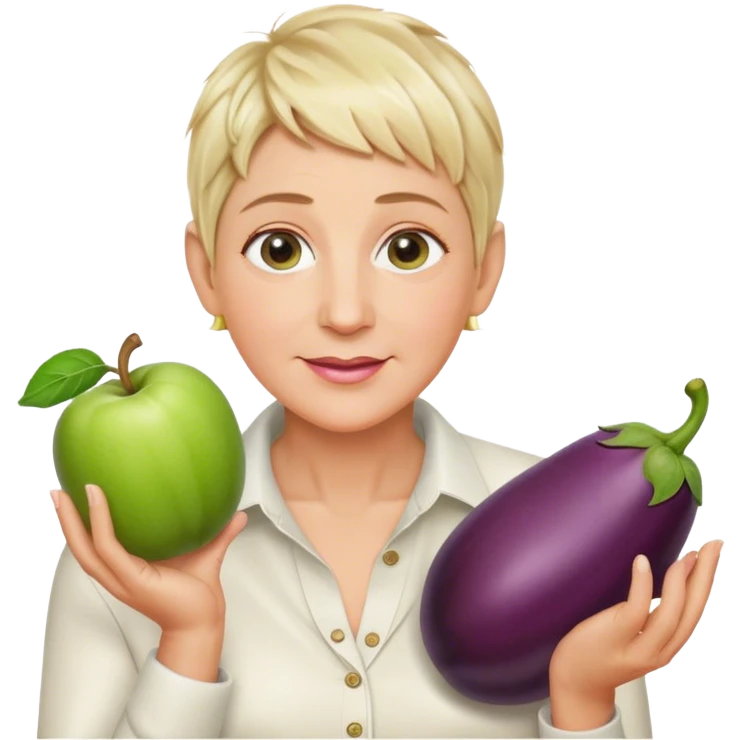 Ellen Degeneres holding an eggplant and two apples  emoji