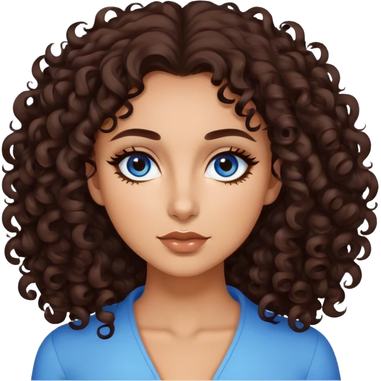 This woman has a confident and expressive look, with voluminous, naturally curly dark brown hair that frames her face. Her large, deep brown eyes are accentuated by subtle blue eyeliner, adding a touch of vibrancy to her gaze. Her eyebrows are well-shaped and slightly arched, complementing her facial features. She has warm, slightly tanned skin, full cheeks, and a soft yet defined jawline. Her lips are full with a natural pink hue, slightly pursed as if in a playful or thoughtful expression. emoji