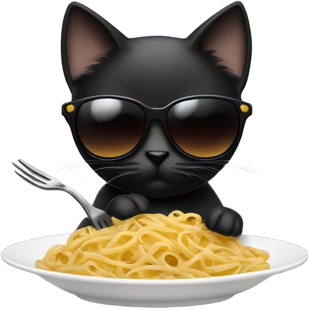 Black cat wearing aviators eating pasta with a fork emoji