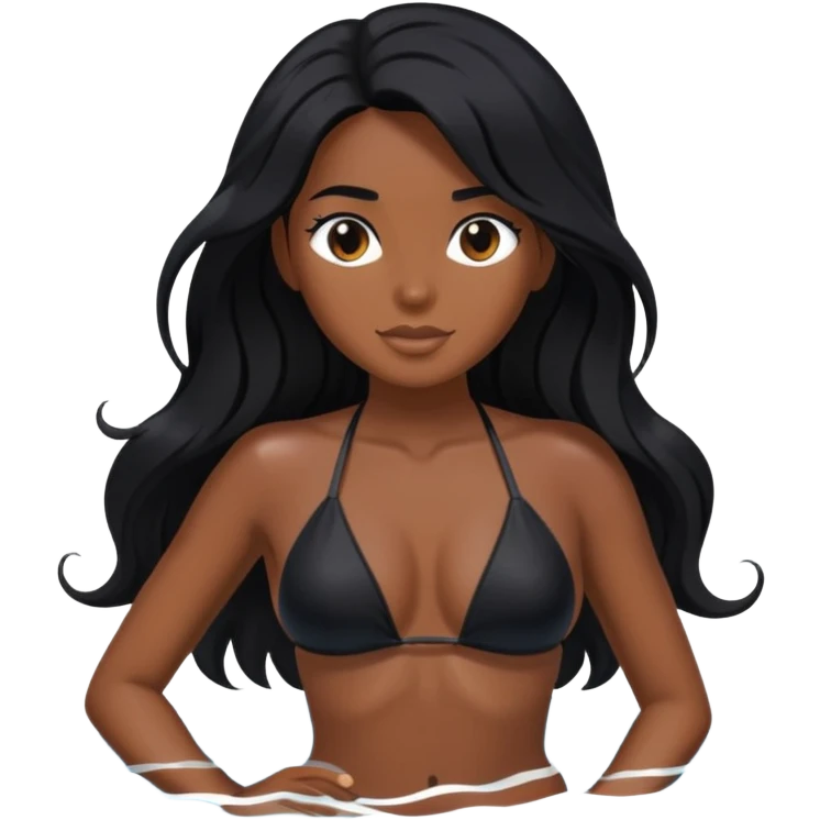 long black hair tanned woman, black bikini, in water  emoji