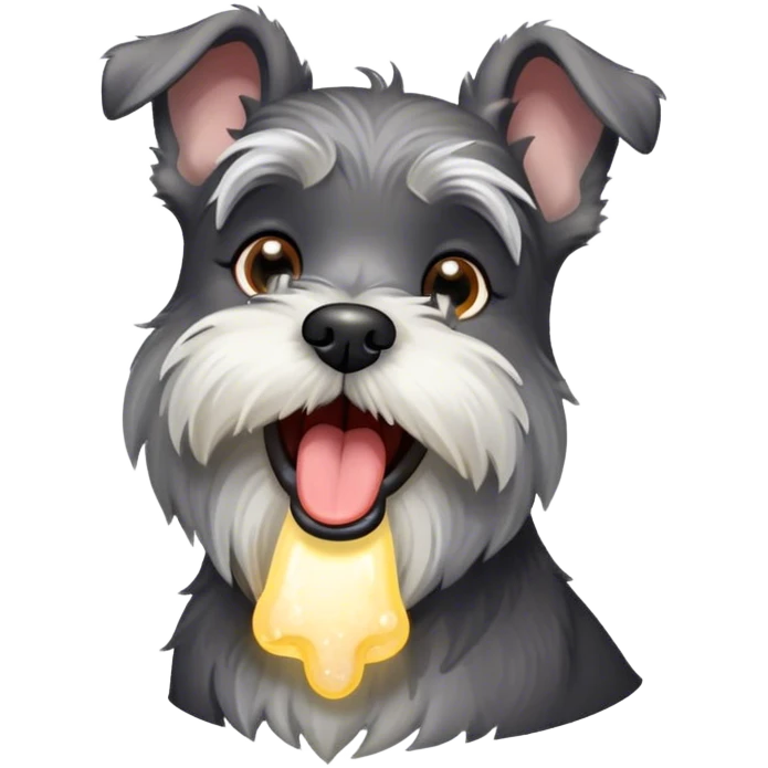 Cinematic Cute Yawning Miniature Schnauzer Portrait Emoji, Head cocked with a wide, adorable yawn and droopy, charming eyes, featuring a neatly trimmed, lovable salt-and-pepper fur, simplified yet irresistibly cute, highly detailed, glowing with a warm, relaxed radiance, high shine, exuding a sleepy yet spirited charm, styled with a soft, cozy glowing outline, capturing the essence of a Miniature Schnauzer mid-yawn, radiating pure, drowsy cuteness! emoji
