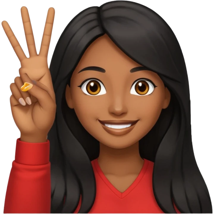 pretty brown skin woman with long black hair and brown eyes holding up the peace sign emoji
