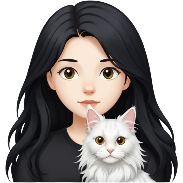 a  girl with black long hair with a white Maine coon with black shirt emoji