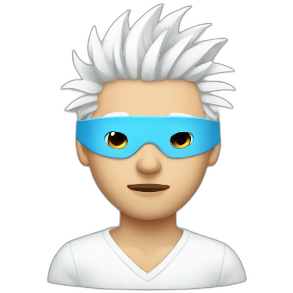 Man with blindfold and white spiky hair wearing white sweater with light blue eyes emoji