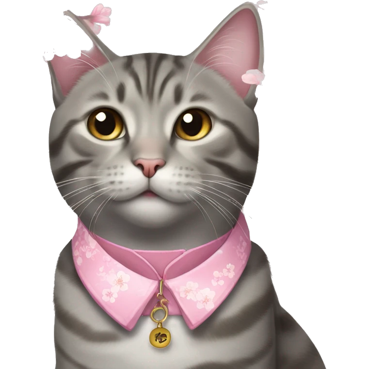 Grey tabby cat wearing a pink collar with one cherry blossom hanging from t emoji