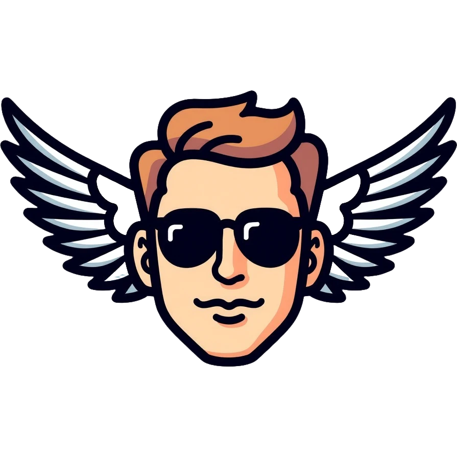short-haired man with black sunglasses and wings emoji