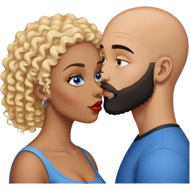 bald head man with brown eyes and black beard kissing African woman with blue eyes and curly blonde hair emoji