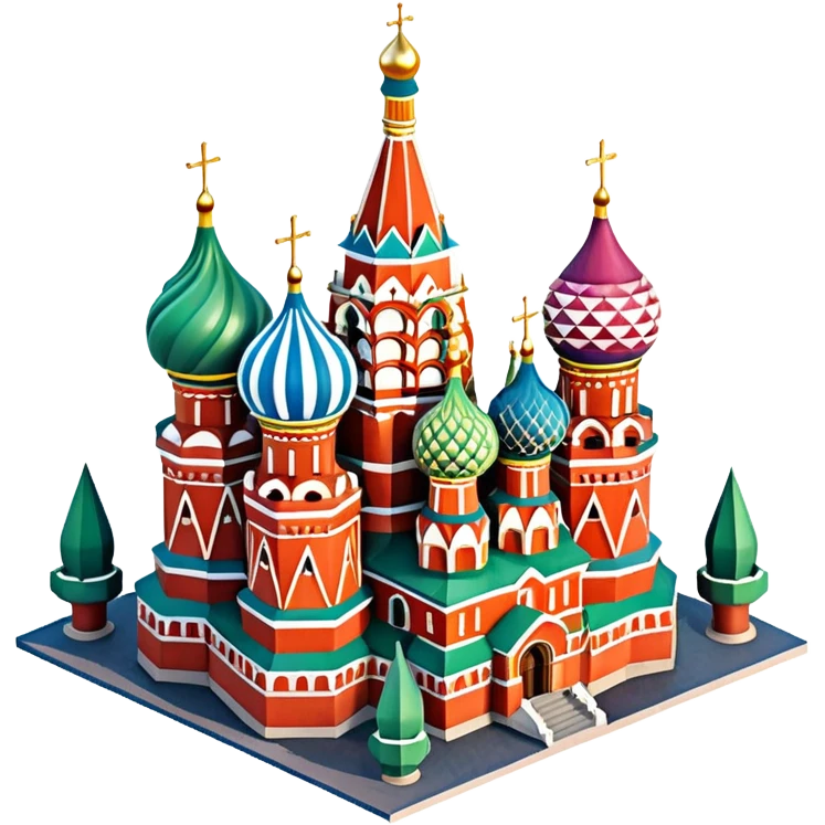 Isometric illustration of photorealistic Saint Basil's Cathedral with colorful onion domes, highly detailed in semi-realistic style, sharp outlines, subtle surface textures, balanced between stylized and realistic, 3D miniature effect with a slight hand-painted touch, no cartoonish look. emoji