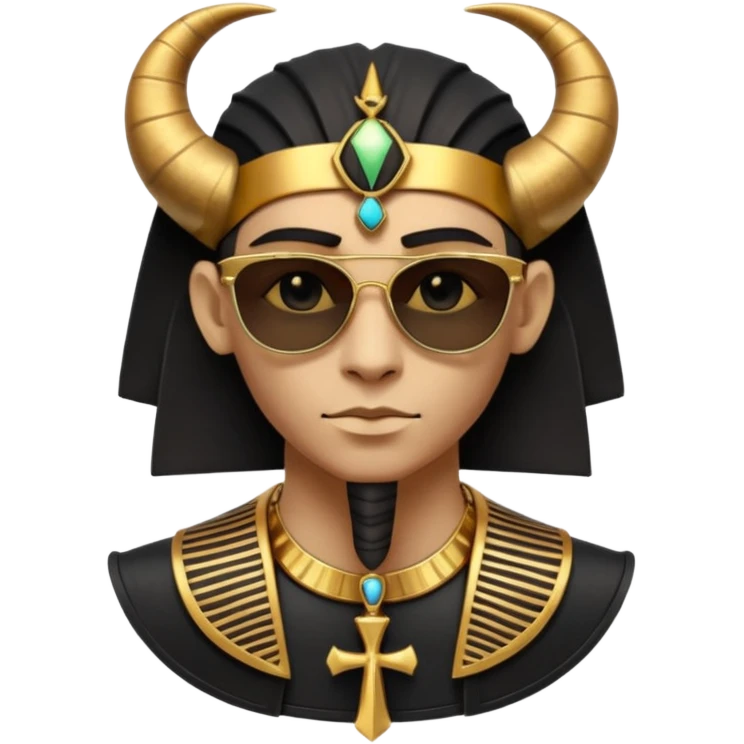 3D cartoon horned character portrait, wearing sunglasses, gothic ancient Egyptian style, pharaoh collar, dark gold and black outfit, ankh symbols, Egyptian jewelry, mysterious expression, soft dramatic lighting, centered, clean background, no text, no watermark emoji