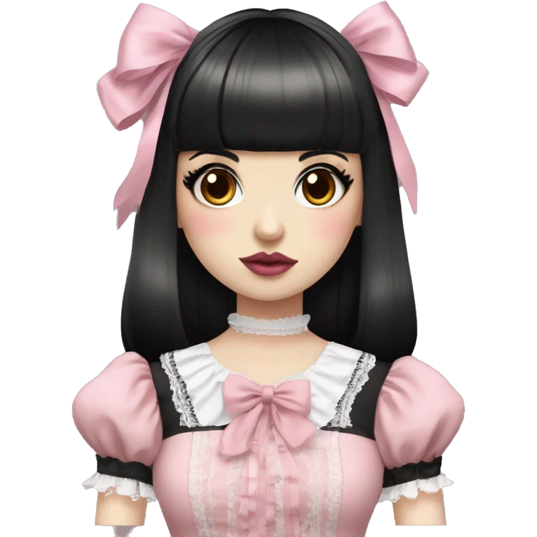 pale woman with short black hair and bangs, pink lips and eyeshadow, long eyelashes, brown eyes, pink Lolita dress with laces and ribbons, gothic Lolita doll look emoji