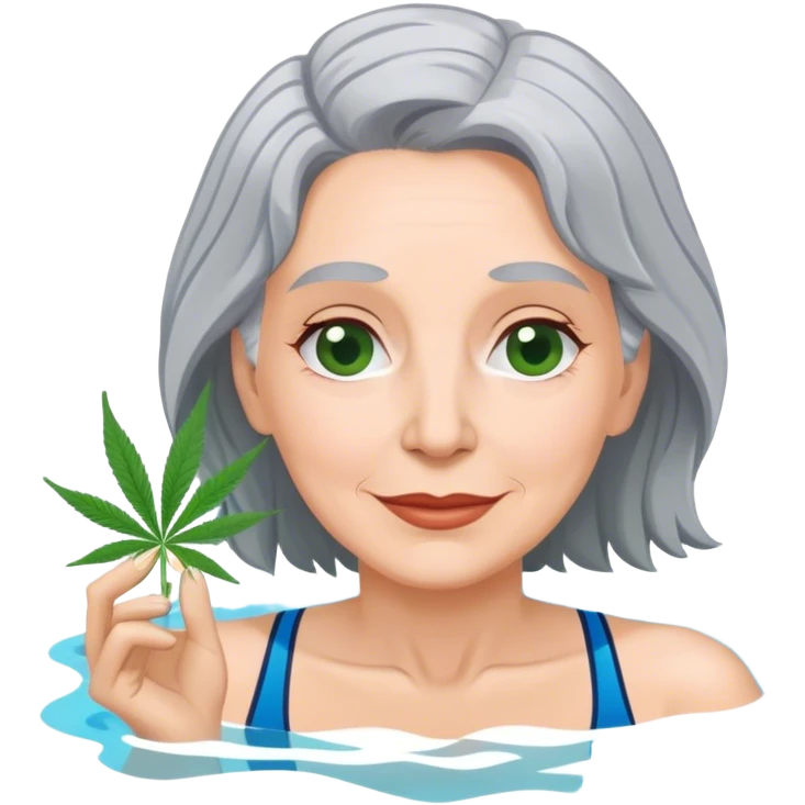 Middle aged, gray haired woman in a swimming pool with marijuna emoji