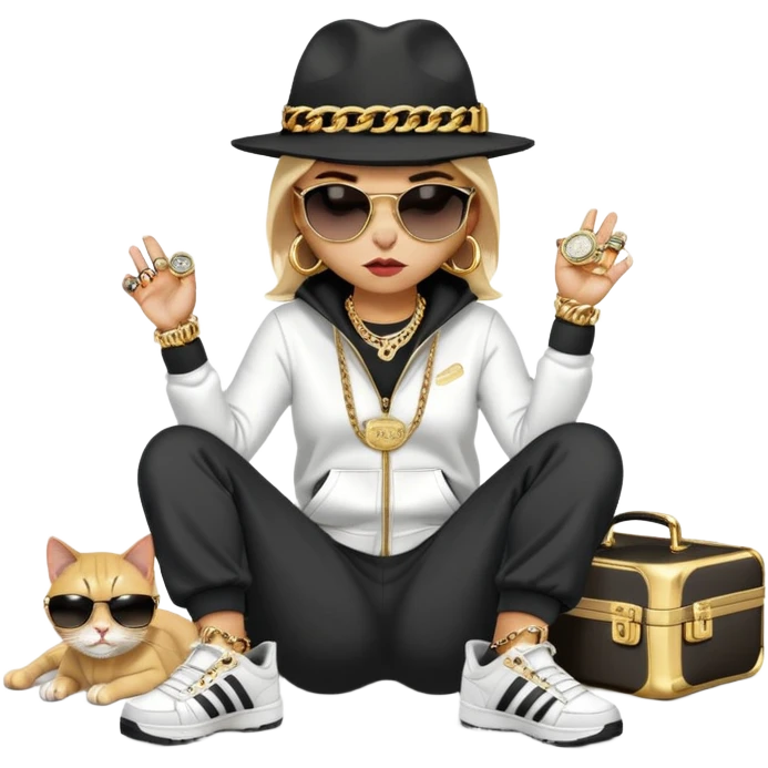 female cat dressed like Run DMC in tracksuit, fedora, Adidas shoes, dark sunglasses, lots of gold chains, rings, bracelets, earrings, lying on the ground after falling, worried look emoji