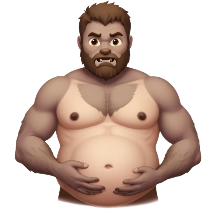 A shirtless pregnant burly male werewolf holding his pregnant belly, he has plump moobs and lactating nipples  emoji