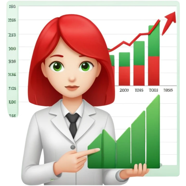 Girl showing financial reports, positive green ascending chart in one hand and negative red descending chart in other hand emoji