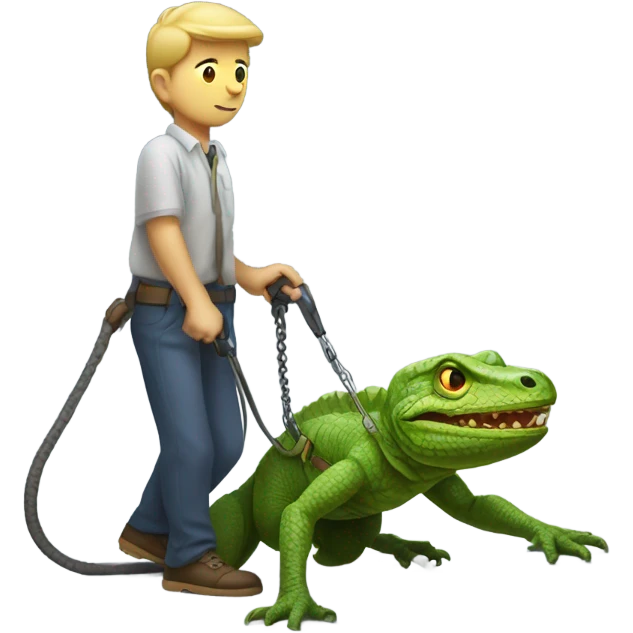 Man crawling on a leash on a walk by a lizard human emoji