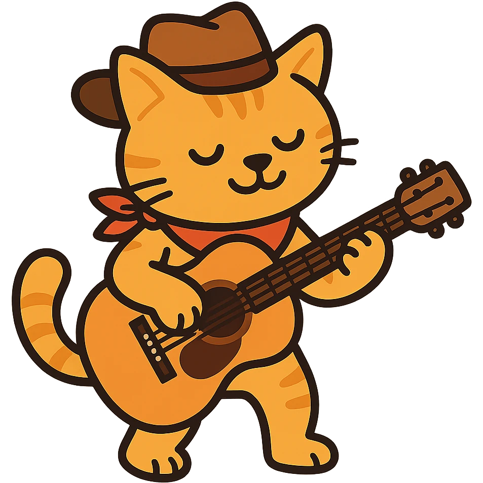 flat toon orange cowboy cat strumming an acoustic guitar emoji