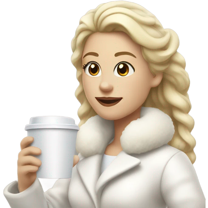blonde girl wearing white fluffy jacket and a coffee to go in hand all dress white and a white bow on hair emoji