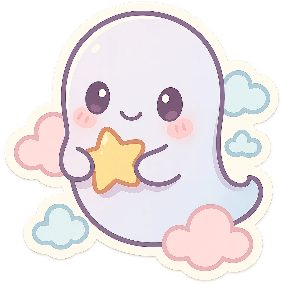 pastel ghost, chibi style, soft colors, blushing cheeks, floating, friendly expression, big eyes, holding a star, surrounded by pastel clouds emoji
