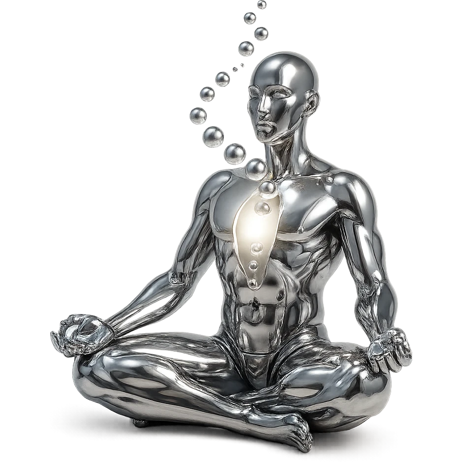 reflective chrome silhouette of a meditating person with open chest and bright light emanating from within, spiral of spheres and glowing aura, highly metallic emoji