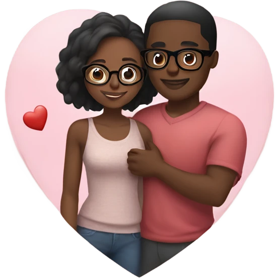 Cute black couple in love hugging , the girl has glasses , the man has a darker skin tone than the girl, hearts float around them  emoji