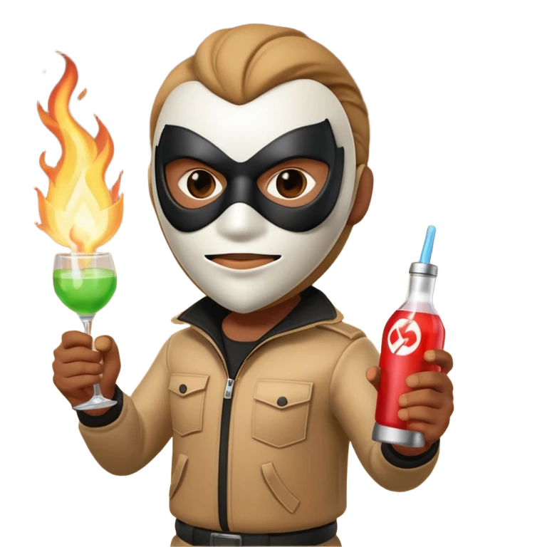 A 3D cartoon masked figure holding a lit Molotov cocktail, dark background, dramatic light, realistic Memoji-style. emoji