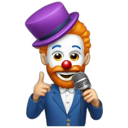 radio presenter with beard and with a microphone on his hand dressed as a silly clown emoji