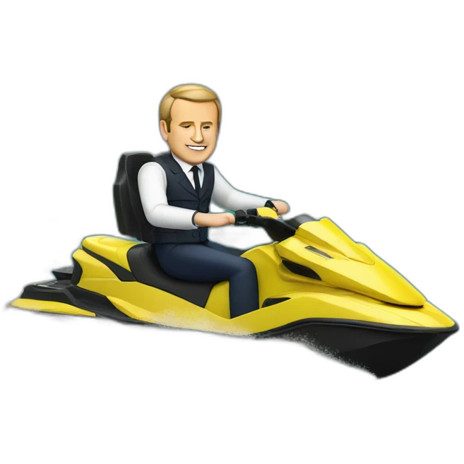 Macron on a jetski with a beer and weed emoji