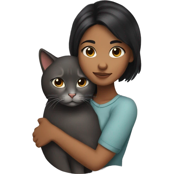brownskin girl with black hair cuddling her gray cat emoji