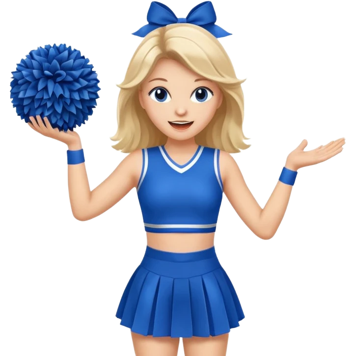 football cheerleader, holding big cheering pom, blue dress and red skin emoji