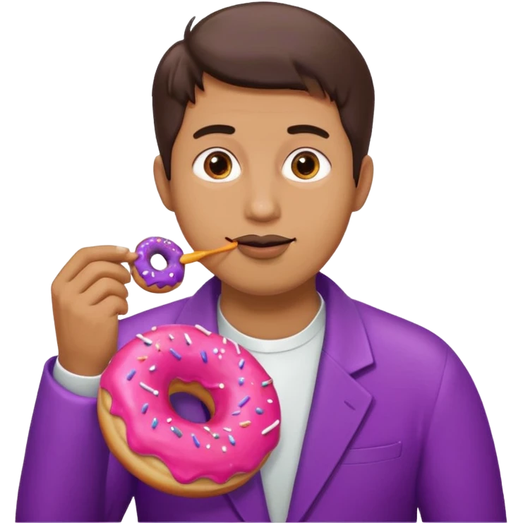 A man eating a pink donut and an eggplant covered in white sauce emoji