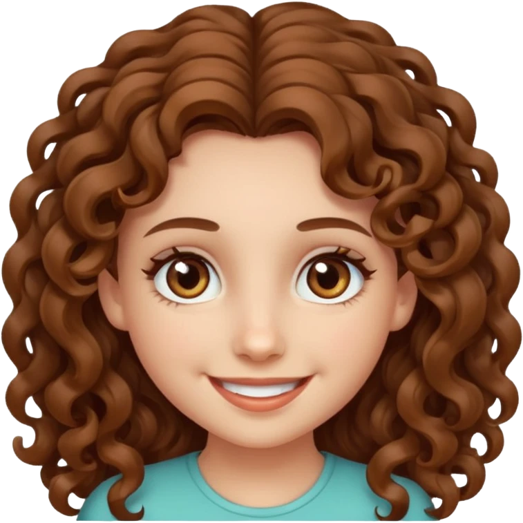A girl with long curly brown hair, fair skin and beautiful hazel eyes, smiling.  emoji