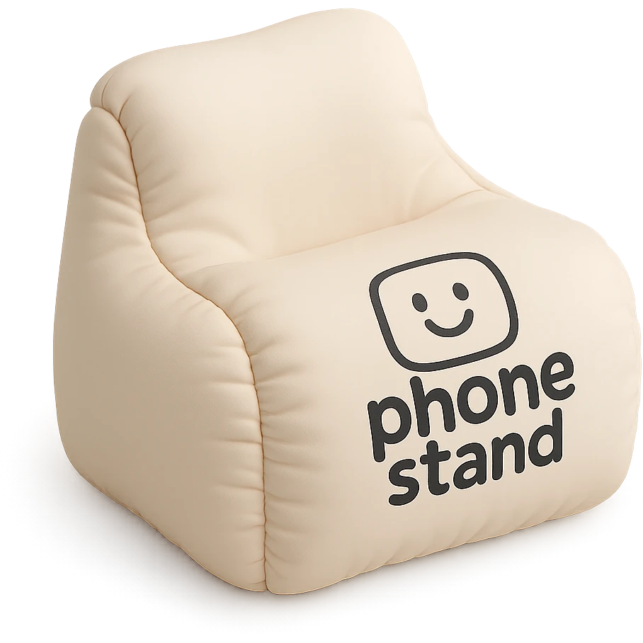cute hand-drawn logo on a soft cushion-shaped phone stand, playful branding gadget emoji