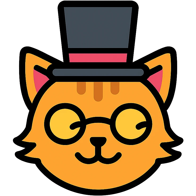 cat with a gibus hat and half moon glasses, clean vector icon style, simple and clear lines emoji