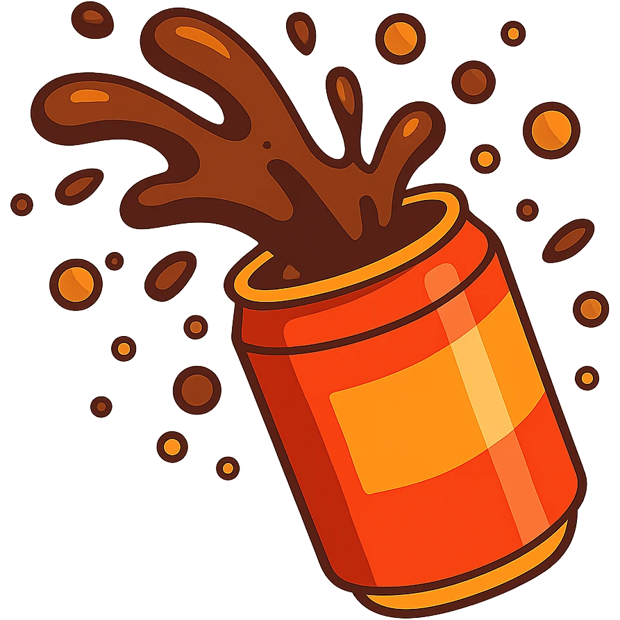 3D illustration of a soda splash, dynamic and energetic, with droplets and fizz emoji