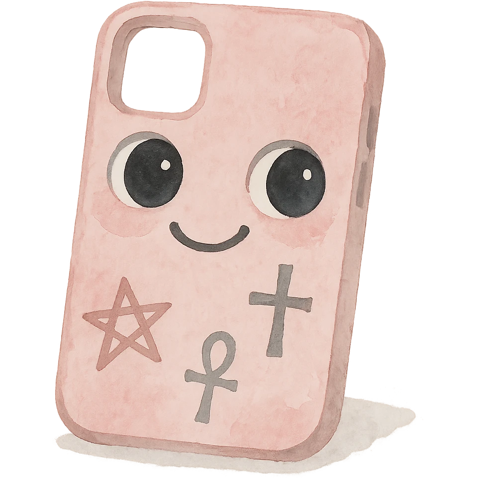 pink and black gothic phone case, big eyes, smiling, playful, cartoonish, gothic symbols emoji