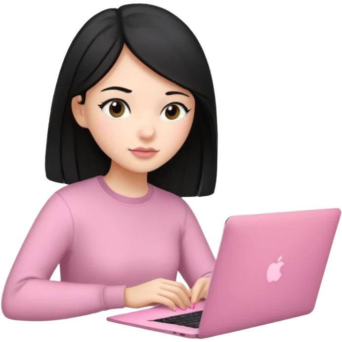 Chica lacia en una MacBook rosa investigando y haciendo tareas emoji