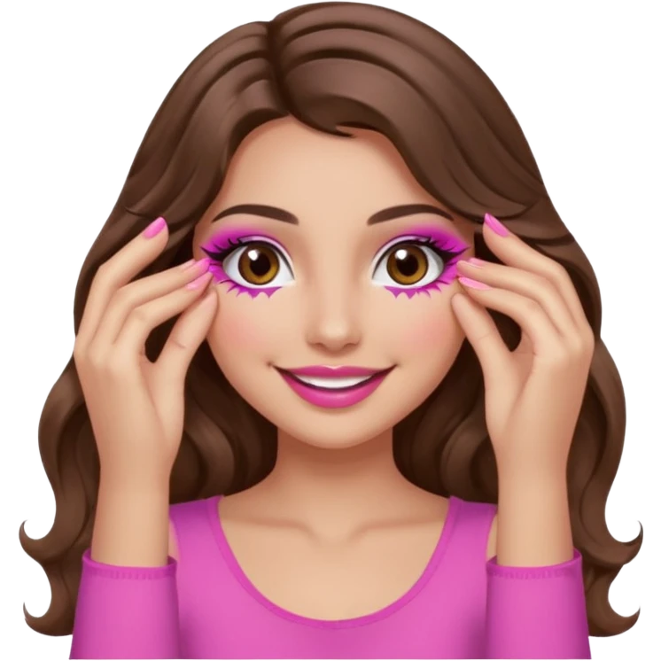 girl with long wavy brown hair, brown eyes, long lashes, makeup, sexy pink lips, light to medium complexion, wearing a pink sexy top, smiling, hands covering over the eyes emoji