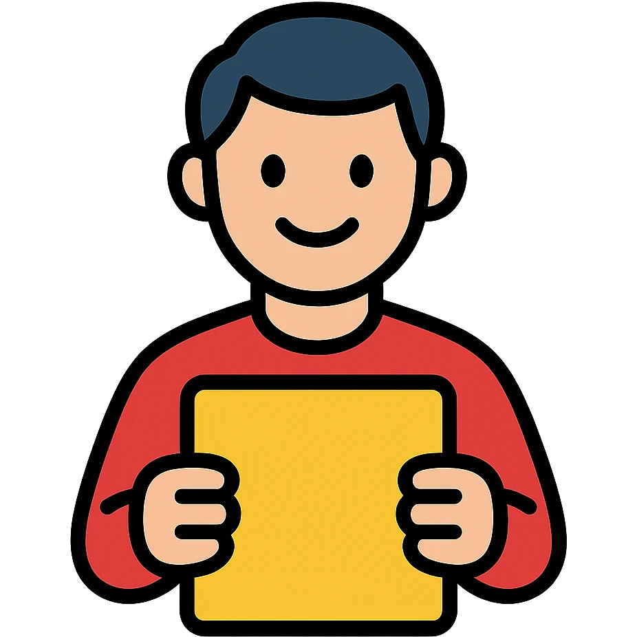 a happy man holding a golden tablet, stylized emoji
