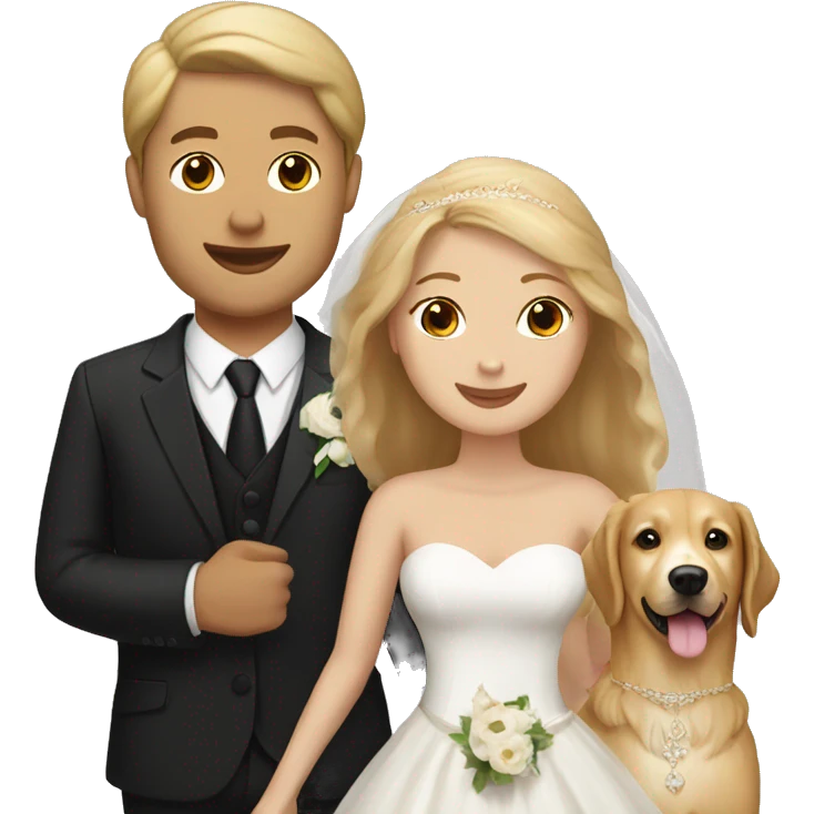 White bride and groom with golden retriever  emoji