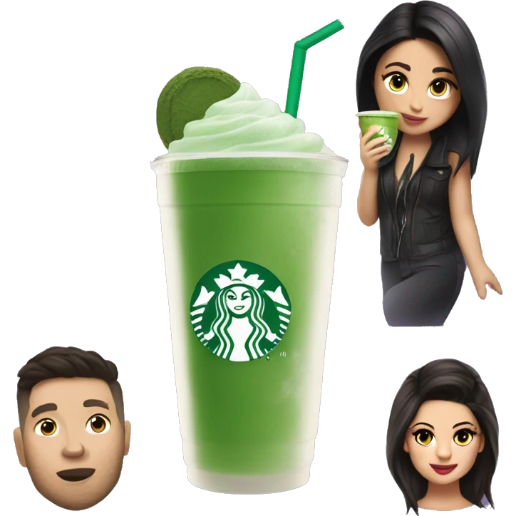 A matcha Drink with ice cubes in a starbucks cup, while selena gomez is holding it emoji