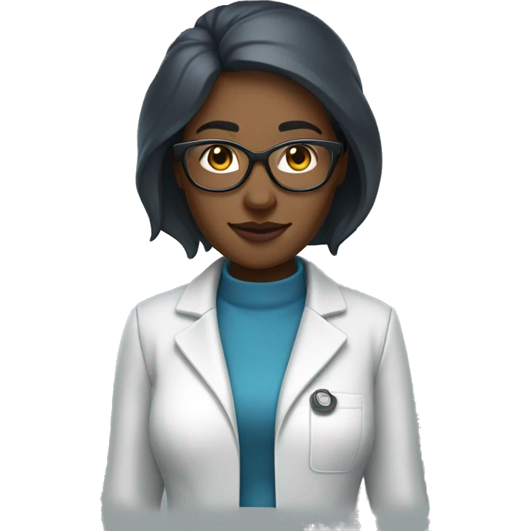Black shark scientist woman with blue long, straight hair, glasses, a lab coat, sweater, and pencil skirt emoji
