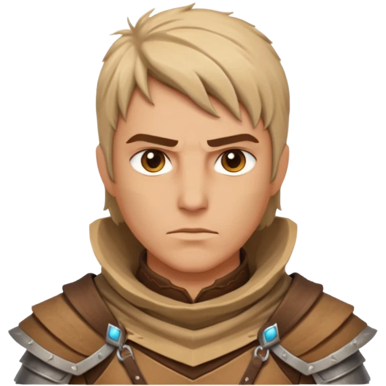desert warrior portrait, head and shoulders only, sandy cloak collar, leather armor, intense eyes, desert fighter vibe, 3D cartoon, mobile game icon style, clean background, no text, no watermark
 emoji